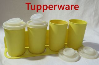 Vtg Tupperware Plastic Yellow Wall Spice Rack 4 Shakers Set 102 - 23