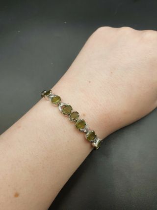 Vintage 1930s Art Deco Green Glass And Silver Tone Bracelet