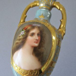 Antique Hp Royal Vienna Miniature 5 " Vase Portrait Lustre W Gilt Paste Wagner