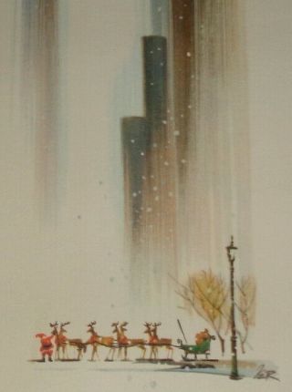 Vintage Christmas Card,  Unique Santa In The Big City,  Front 6 1/2 "