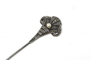 A Great Long Vintage Sterling Silver 925 Marcasite & Pearl Hat Pin 26695