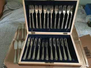 Vintage Silver Plated 111 Piece Fish Knife & Fork Set In Orig Box Plus