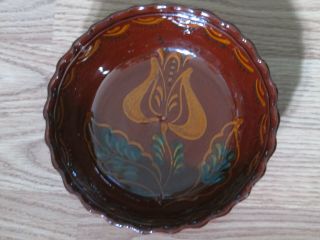 Vintage 1987 Signed Ch Ned Foltz Pottery Redware Folk Art Bowl Tulip Motif Pa