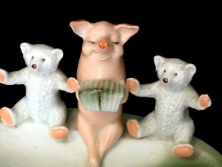 Antique German Porcelain China Fairing Pig Playing Accordion With Bear Friends