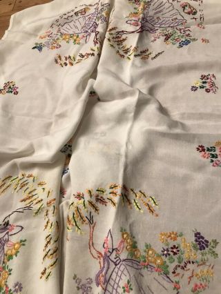 Vintage Crinoline Lady Embroidered Linen Table Cloth