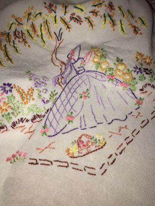 Vintage Crinoline Lady Embroidered Linen Table Cloth 2