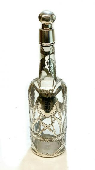 Alvin Mfg 999 Silver Overlay Glass Decanter,  Circa 1900.  Hand Hammered