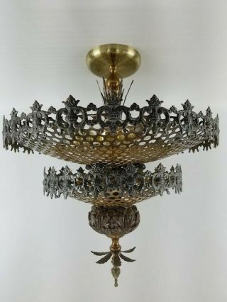 Antique Art Nouveau/deco Gothic Cast Brass Iron Chandelier Ceiling Light Fixture