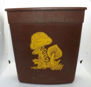 Vtg Brown Yellow Mushroom Plastic Trash Can Waste Basket Garbage Pail 1970 
