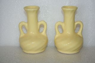 Camark Bud Vase Set 2 Yellow Swirl Two Handle Arkansas Art Pottery Vintage 3 - 7/8
