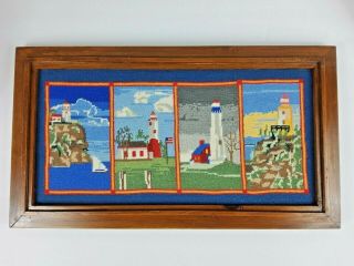 Vintage Completed Framed Cross Stitch Needlepoint Wall Art Lighthouses 22 X 12