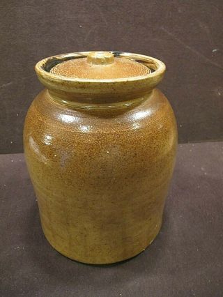 Vintage Primitive Brown Glaze Stoneware Pickle Jar Crock W/ Lid - 9 " Tall