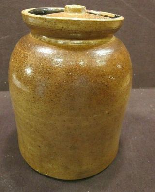 Vintage Primitive Brown Glaze Stoneware pickle Jar Crock w/ Lid - 9 