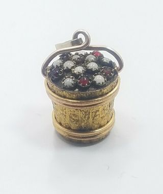 Victorian Antique 14k Yellow Gold White Red Stone Basket Watch Fob Charm Pendant