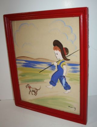Vintage Framed Water Color Painting Signed Boy And Dog Fishing 12.  5 " X 15.  5 "