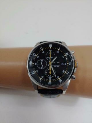 Seiko Mens 7t92 - 0mf0 Black Yellow Chronograph Quartz Leather Band Watch
