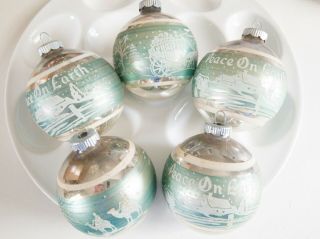 5 Vintage Christmas Ornaments Mica Stenciled Peace On Earth Wisemen Shinyb Aqua