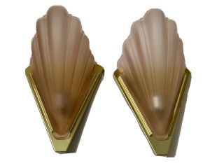 Vintage Art Deco Brass Pink Frosted Glass Wall Sconces Pair Qouizel