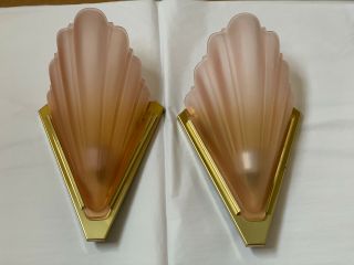 Vintage Art Deco Brass Pink Frosted Glass Wall Sconces Pair Qouizel 2