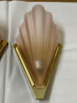 Vintage Art Deco Brass Pink Frosted Glass Wall Sconces Pair Qouizel 3