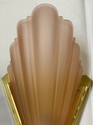 Vintage Art Deco Brass Pink Frosted Glass Wall Sconces Pair Qouizel 5