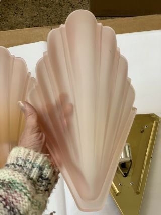 Vintage Art Deco Brass Pink Frosted Glass Wall Sconces Pair Qouizel 6