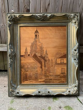 Antique Folk Art Marquetry Inlaid Wood Painting European Cityscape View Signed