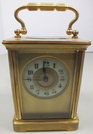 Vintage Brass Carriage Clock W/ Porcelain Dial & Beveled Glass