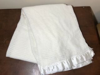 Vintage Knit Waffle Satin Trim Acrylic Blanket Ivory Made USA Twin Throw Soft 2