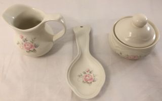 Set Of 3 - Vintage Pfaltzgraff Tea Rose Spoon Rest,  Creamer,  & Sugar W/ Lid Usa