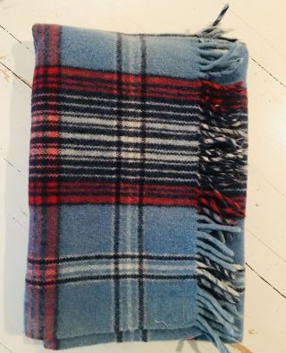 Vintage Carldyke Plaid Fringe 100 Wool Throw Lap Stadium Blanket Blue/red/white