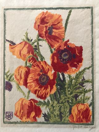 Large Antique Arts & Crafts Color Woodblock Print Of Orange Poppies