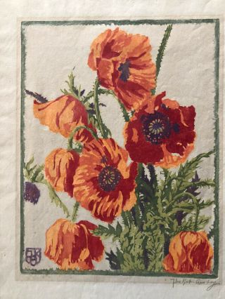 Large Antique Arts & Crafts Color Woodblock Print of Orange Poppies 3