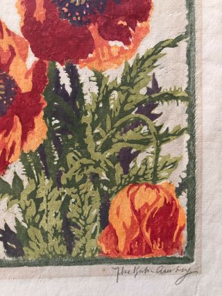 Large Antique Arts & Crafts Color Woodblock Print of Orange Poppies 5