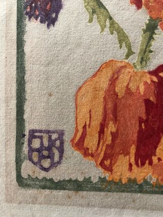 Large Antique Arts & Crafts Color Woodblock Print of Orange Poppies 6