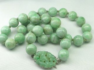 Vintage Chinese Apple Jade Jadeite Beads Necklace Carved Jade & W Gold Clasp