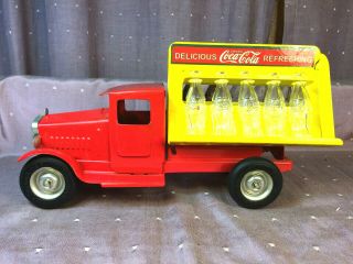 Vintage Metalcraft Coca Cola Delivery Truck Pressed Steel Toy W/ 2 1930s Bottles