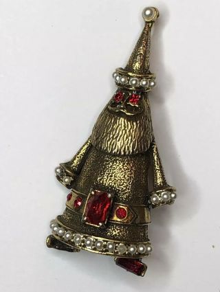 Vintage Hollycraft Santa Gold Tone Christmas Brooch Pin W/red Rhinestones Pearls