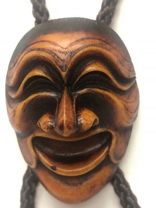 Hand Carved Wooden Bolo Tie South Korea Vintage Mans Face/ Mask