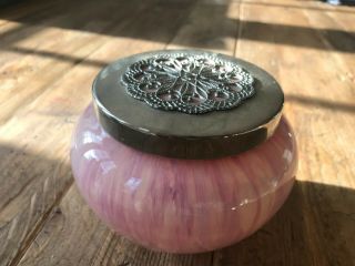 Rare Antique Vintage Powder Dresser Glass Pink Jar Tin Cover