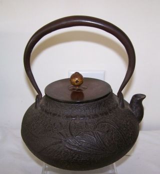 Signed Meiji Antique Japanese Tetsuben Iron Teapot Bronze Lid