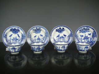 Set Of Four Chinese Porcelain B/w Kangxi Cups&saucers - Landscape,  Flowers - 18th C.