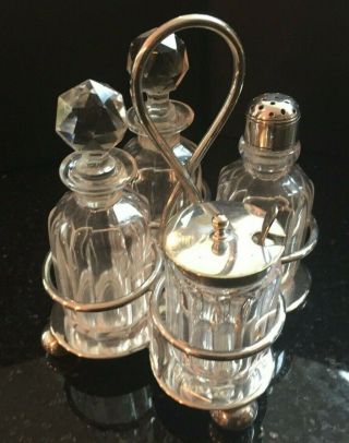Dainty Vintage Silver Plate Cruet Set Of 4 Jars,  Spoon And Tray -