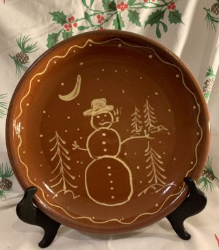 Vtg Red Ware Pottery Snowman Country Christmas Plate 9’5”