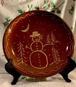 VTG Red Ware Pottery SNOWMAN Country Christmas Plate 9’5” 2