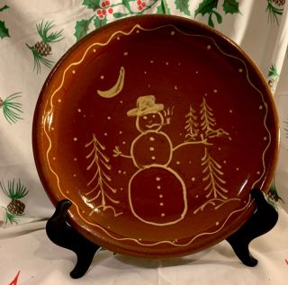 VTG Red Ware Pottery SNOWMAN Country Christmas Plate 9’5” 3
