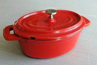 Vtg 6 " Red Enamel Heavy Cast Iron Small Mini Dutch Oven Pan Bean Pot W/ Lid