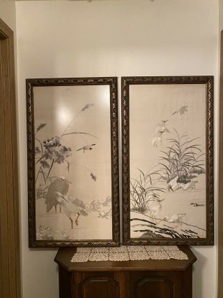 For Jennifer Li Large Vintage Chinese Silk Embroidery Cranes/ Herons Framed
