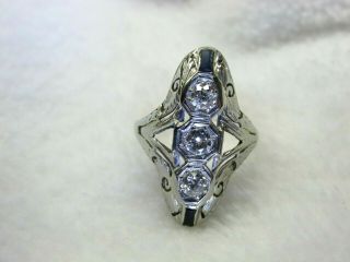 Ladies Antique 18k White Gold Ring With 3 Diamonds & 2 Blue Sapphires