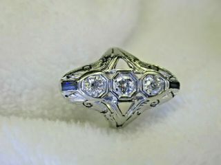 Ladies Antique 18K White Gold Ring with 3 Diamonds & 2 Blue Sapphires 5